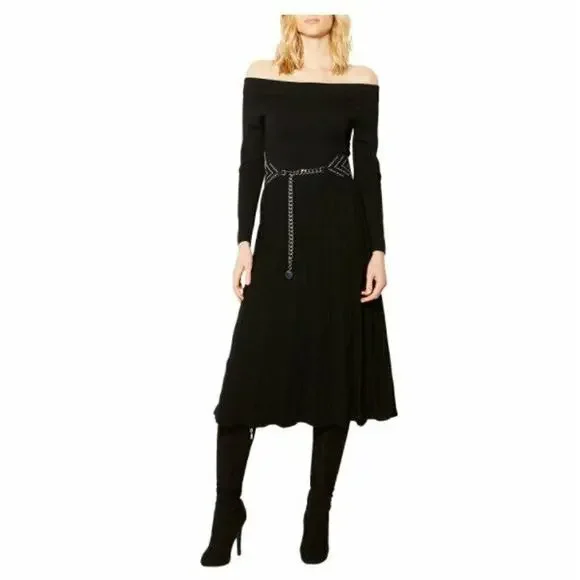 $360 Karen Millen Black Knitted Bardot Fit & Flare Sweater Dress XS NWT K299